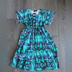 Exotica Enchantment Aqua Slinky Silky Button Up Drawstring Midi Dress